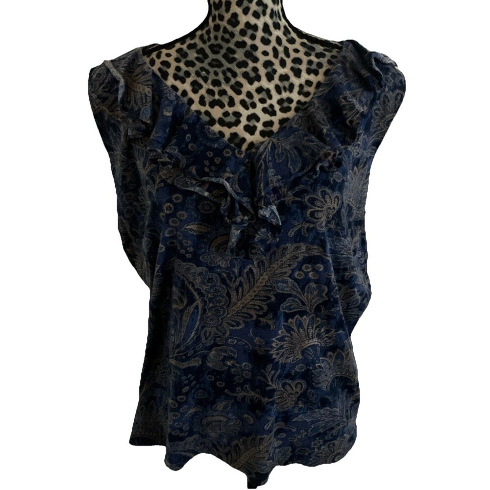 lauren ralph lauren Top Blouse 2XL Blue Paisley Ruffled Chest Boho Xxl 48” Bust